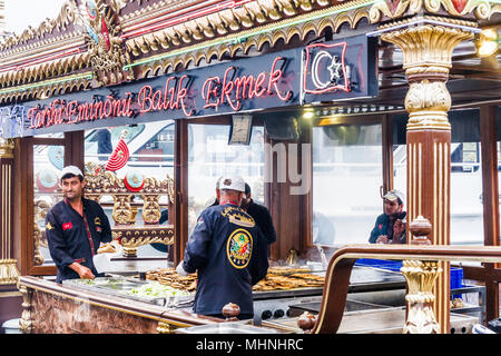 istanbul, Turkey-9th October 2011: Floating fish market stall, There are several such stalls in the harbour, Stock Photo