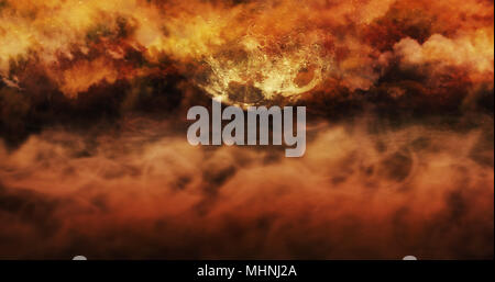 Mist Above The Ground And Burning Sky Full Of Clouds and Stars. Halloween Concept Background 3D illustration Stock Photo