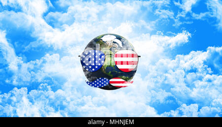 Planet Earth With Sunglasses and Mustaches. United States of America Flag. Independence Day Concept 3D illustration
