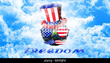 Planet Earth With Uncle Sam's Hat, Sunglasses and Mustaches. United States of America Flag. Freedom Concept 3D illustration