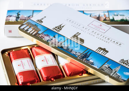 Lubeck, Germany. Lubeck marzipans open box, produced by J. G. Niederegger GmbH and Co KG Stock Photo