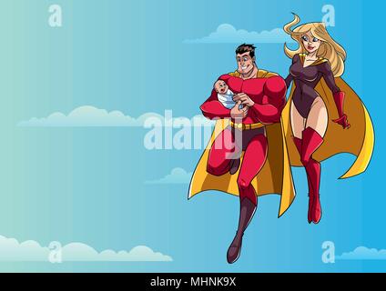 Super Dad Mom and Baby in Sky Stock Vector