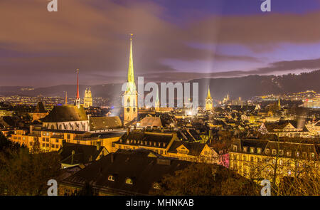 Night view of Zurich city center - Switzerland Stock Photo