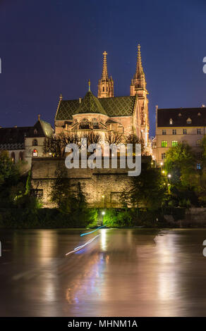 Basel Minster over the Rhine by night - Switzerland