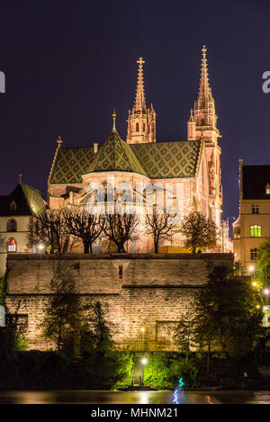 Basel Minster over Rhine by night - Switzerland