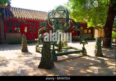 Historical Chinese astronomical instrument, an armilla, in the courtyard of the Beijing Ancient Observatory in Beijing, China. Stock Photo