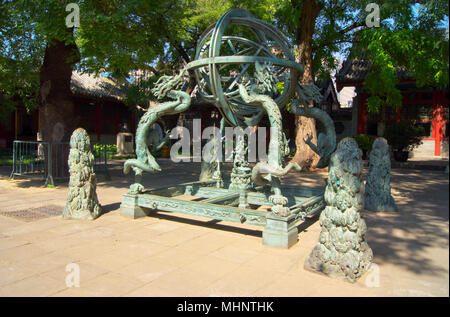 Historical Chinese astronomical instrument, an armilla, in the courtyard of the Beijing Ancient Observatory in Beijing, China. Stock Photo