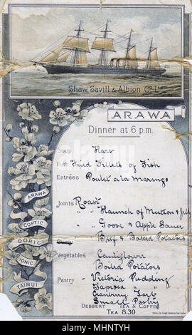 Menu card Arawa steamship Shaw Savill Albion Co Ltd