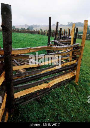 Experimental Zigzag fence made from locally sourced Sweet Chestnut posts and rails, without nails, at Butser Ancient Farm, Hampshire, England UK. Stock Photo