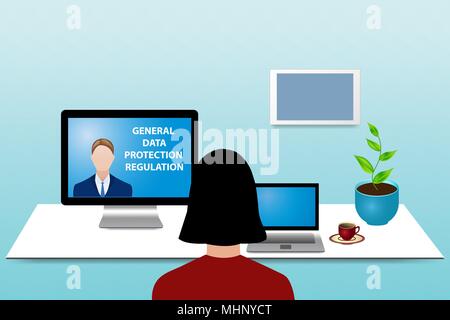 Woman is consulting about General Data Protection Regulation with a man by PC monitor standing on the table. Stock Vector
