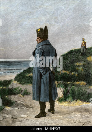 Napoleon in exile on St. Helena as a British prisoner. Hand-colored woodcut Stock Photo