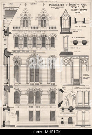 Manchester Town Hall. Albert Square front; Alfred Waterhouse 1876 old print Stock Photo