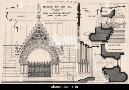 Manchester new Town Hall; Main entrance, Albert Square; Alfred Waterhouse 1876 Stock Photo