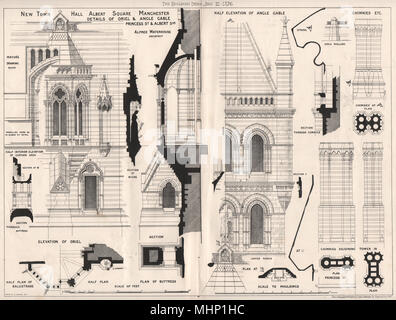 New Town Hall, Albert Square, Manchester; oriel & angle gable 1876 old print Stock Photo