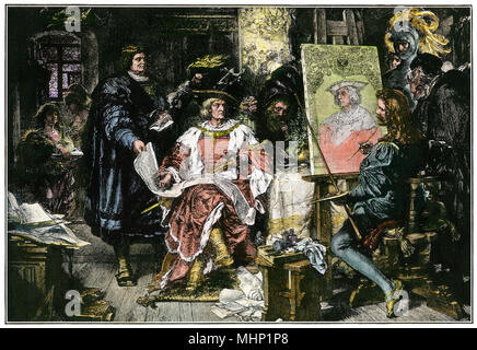 Holy Roman Emperor Maximilian I in Albrecht Durer's portrait studio. Hand-colored woodcut Stock Photo