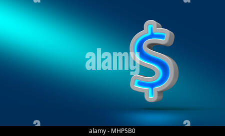 3d neon glowing Dollar sign on cyan background. Set for design presentations. Stock Photo