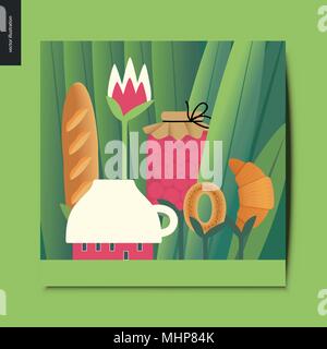 Simple things - concept illustration of a tiny cup house and tee meal on the stems growing among huge grass trunks - jar of jam, bread loaf, croissant Stock Vector