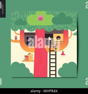 Simple things - tree house - a tree with a red trunk, few wooden houses on the branches and a ladder towards them, summer postcard, vector illustratio Stock Vector