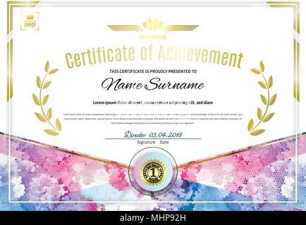 Official white certificate with pink design elements. Peony mosaic Stock Vector