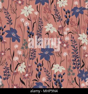 Seamless vector texture. Retro wild flower pattern in the many kind of florals. Botanical Motifs scattered random. For fashion prints. Printing with in hand drawn style on lilac background. Stock Vector