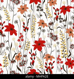 Seamless vector texture. Retro wild flower pattern in the many kind of florals. Botanical Motifs scattered random. For fashion prints. Printing with in hand drawn style on white background. Stock Vector