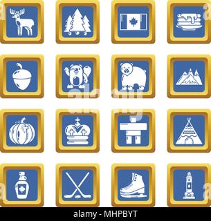 Canada travel icons set blue square vector Stock Vector