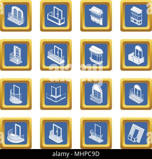 Balcony window forms icons set blue square vector Stock Vector