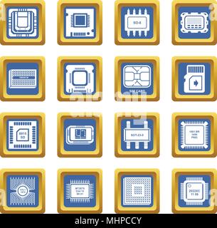 Computer chips icons set blue square vector Stock Vector