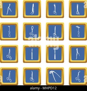 Surgeons tools icons set blue square vector Stock Vector
