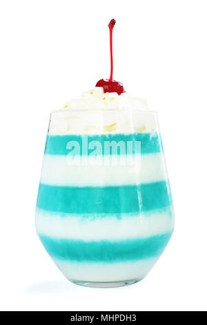 Blue striped jello dessert in glass with whipped cream and red candied cherry on top isolated on white background Stock Photo