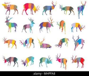 Set of colorful mosaic vector standing and lying Red deer silhouettes (male) isolated on white background Stock Vector
