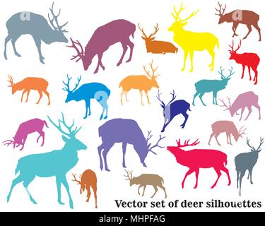 Set of vector colorful standing and lying male red deer silhouettes isolated on white background Stock Vector