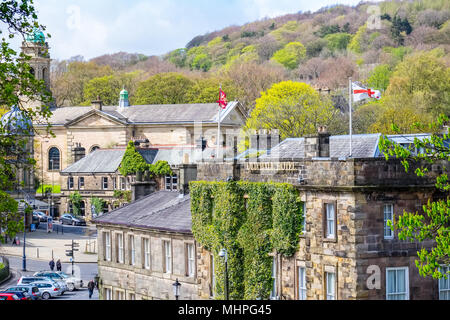 The Old Hall Hotel and St John's church in the centre of the spa town of Buxton, Derbyshire, UK Stock Photo