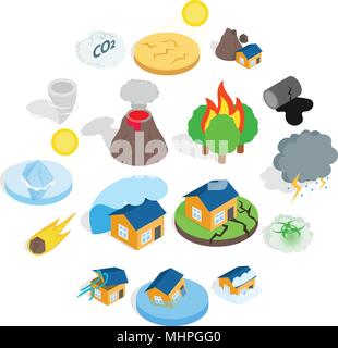 Natural disaster catastrophe icons set Stock Vector