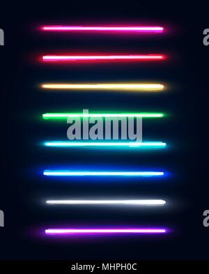 Neon light tubes set. Colorful glowing lines or borders collection isolated on dark blue background. Halogen or led light lamps elements pack for night party or game design. Color vector illustration. Stock Vector