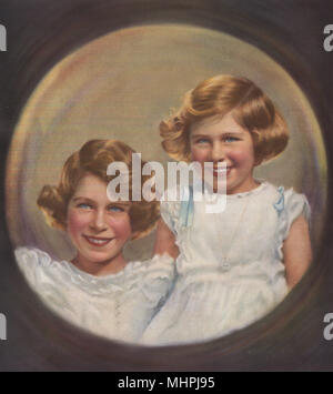 QUEEN ELIZABETH II. The Sister Princesses Elizabeth & Margaret 1937 old print Stock Photo