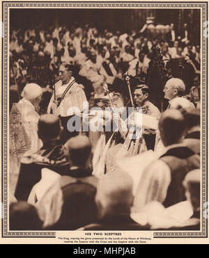 CORONATION 1937. King George VI with his two sceptres. Westminster Abbey 1937 Stock Photo