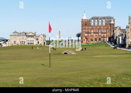 View of the green on the 17th hole or Road Hole on the  Old Course in St Andrews, Fife, Scotland, UK. Stock Photo