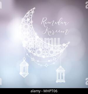 Evening sky with ornamental moon, arab lanterns and bokeh lights. Festive decoration, vector illustration background. Blue greeting card, invitation for muslim community holy month Ramadan Kareem. Stock Vector