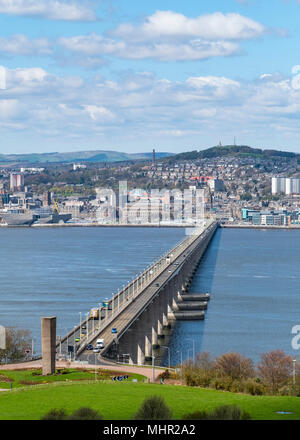 View over River Tay and Tay Road Bridge to city of Dundee in