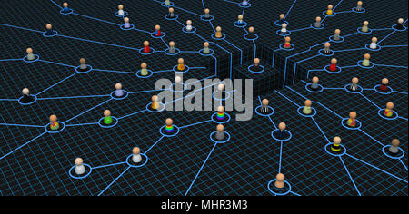 Crowd of small symbolic 3d figures linked by lines, isolated Stock Photo