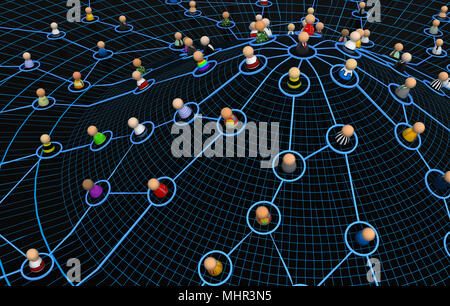 Crowd of small symbolic 3d figures linked by lines, isolated Stock Photo
