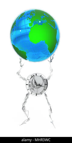 Animate clock figure model lifting the earth globe, 3d, over white, isolated Stock Photo