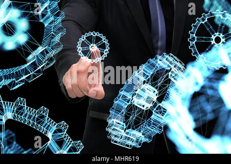 Cyber communication and robotic trend , Industrial 4.0 Cyber Physical Systems technology concept. ฺฺBusiness man point finger and 3d rendering gears o Stock Photo