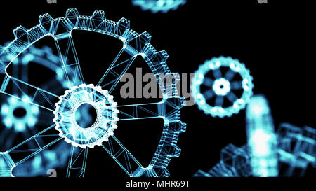 Industrial 4.0 Cyber Physical Systems concept . Wireframe Gears with black background. 3d rendering. Stock Photo