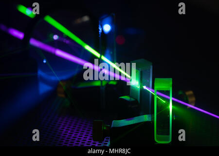 green and blue laser on optical table in physics laboratory Stock Photo