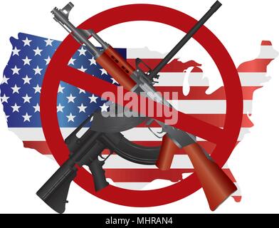 Assault Rifles AR 15 and AK 47 Semi Automatic Weapons ban symbol on USA Map Flag Second Amendments Consitution Illustration Stock Vector