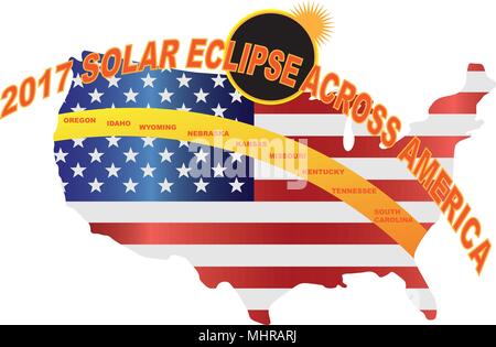 2017 Total Solar Eclipse across America USA map color illustration Stock Vector