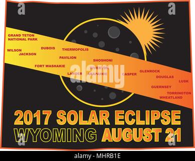 2017 Solar Eclipse Totality across Wyoming State cities map color illustration Stock Vector