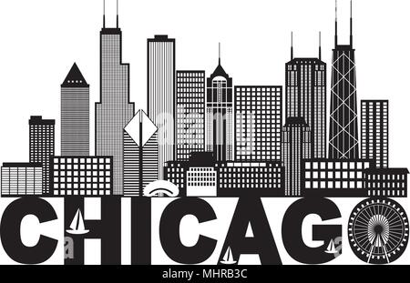 Chicago City Skyline Panorama Black Outline Silhouette with Text Isolated on White Background Illustration Stock Vector